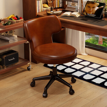 Menile light luxury retro home dormitory computer chair comfortable sedentary bedroom study makeup chair office chair swivel back chair brown wear-resistant oil wax leather nylon feet no armrests