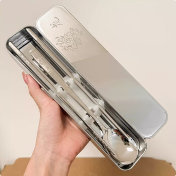 Zhewei zodiac model 304 stainless steel chopsticks and spoon sets portable cutlery box three-piece set single pack student storage box 304 spoons, chopsticks and forks (zodiac dragon) + 430 boxes