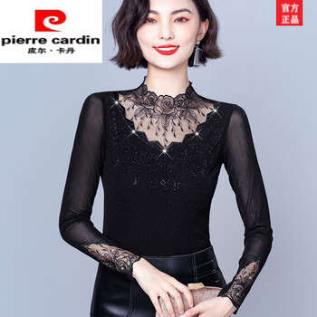 Pierre cardin autumn and winter new mother's thermal underwear women's velvet thickened mesh lace hollow bottoming shirt stretch slim black m
