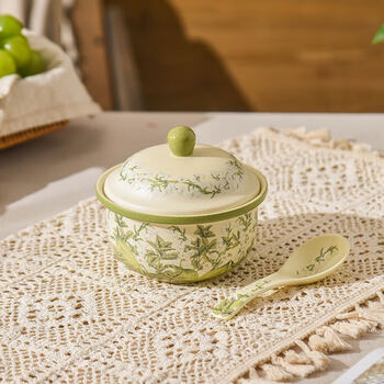 Gphf japanese green lily of the valley flower blooming stew pot with water-proof stew for home use with lid for one person soup soup small stew pot steamed egg custard steaming cup green lily of the valley stew pot + small spoon