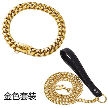 Vieruodis bully dog collar stainless steel local gold dog chain dog collar neck set traction rope medium and large dog dog tag french bulldog golden collar + 1.2m welded traction rope chain width 14mm length 45cm (recommended neck circumference 40-