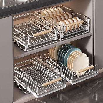 Ju password pull-out dish rack in kitchen cabinet stainless steel dish storage rack drawer-type pull-out basket bowl and plate drain rack recommended discount two-piece set 50cm deep dish rack + dish rack stainless steel | pull-out