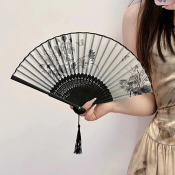 Jieyi chinese-style cheongsam summer folding fan ancient chinese style long-handled silk fan craft gift ladies dance fan (national beauty and fragrance) 7 inches
