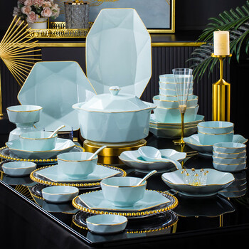 Kangqin with ceramic chopsticks, underglaze color, housewarming dishes set, 70-piece household dishes and tableware, upgraded soup pot gift box