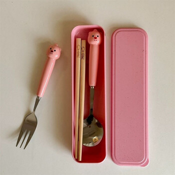 Qinkai cute ceramic spoon fork animal student chopsticks stainless steel cutlery set cartoon three-piece portable pink little raccoon #wooden chopsticks (single and double pack)