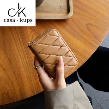 Casa-kupsck chinese valentine's day genuine leather mini card holder women's organ driver's license card holder soft sheepskin zipper wallet id khaki