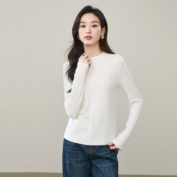 Ese-y yiyang 2025 new autumn bottoming shirt for women, slim long-sleeved t-shirt with black round neck warm and slim top, cloud white l