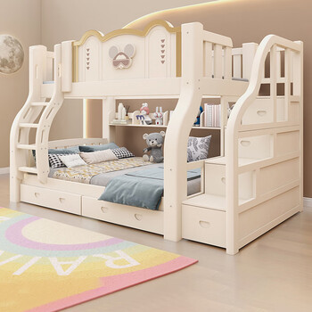 2025 new solid wood bunk bed small apartment mother and child bed high and low bed bunk bed solid wood bed log ladder cabinet + bookshelf + drawer + mattress upper bunk width 160 bottom bunk width 180