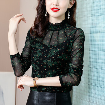 Lingyue mesh lace long-sleeved top bottoming shirt for women 2025 autumn and winter plus velvet new style fashionable age-reducing popular inner wear green 2xl recommended 120-130 pounds