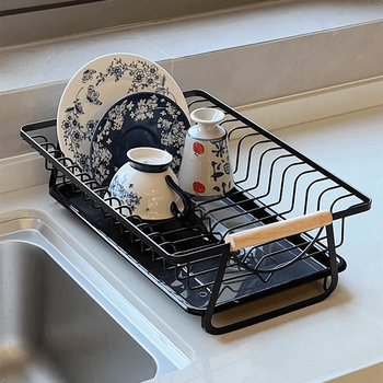 Shijanu kitchen dish rack drain storage rack home display display rack black wooden handle dish drain rack ready stock