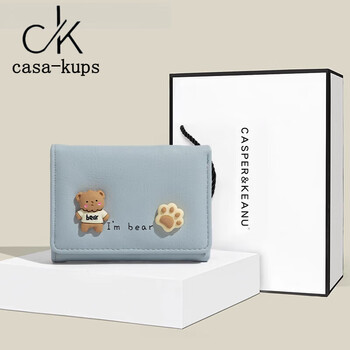 Casa-kups japanese simple cute bear wallet women's 2025 new multi-card slot folding card bag blue + counter set gift box