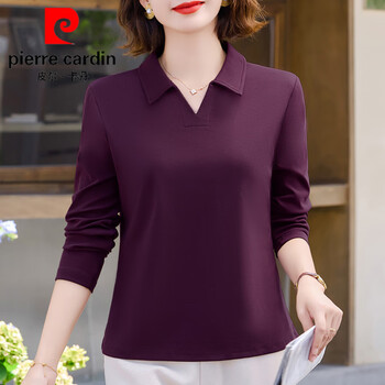 Pierre cardin temperament solid color mother lapel long-sleeved t-shirt for women 2025 early autumn new style covering the flesh and can be worn outside the base layer orchid purple m