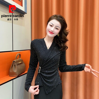Pierre cardin irregular waist v-neck bottoming shirt 2026 spring and autumn new t-shirt women's long-sleeved shirt temperament slimming shiny top black l recommended 101-110 pounds