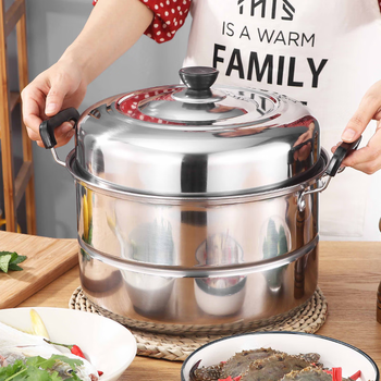 New thickened stainless steel steamer two-layer commercial soup pot double-layer 28-40cm steamed steamed buns steamed steamed buns induction cooker extra thick 34cm double-layered suitable for 5-6 people 0cm collect and follow to receive gifts