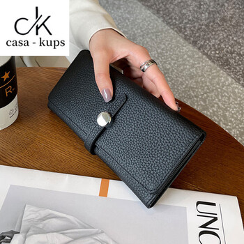 Casa-kupsck genuine leather wallet women's long 2025 new first layer cowhide simple large capacity mobile phone drawstring wallet silver black