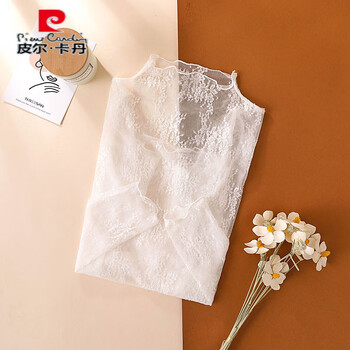 Pierre cardin black half turtleneck lace bottoming shirt for women in autumn and winter style suit with tulle see-through transparent mesh top white leaf flower long sleeve single piece s suitable for 80-95 pounds