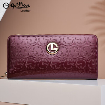 Goldlion g+ goldlilai handbag women's new genuine leather long zipper wallet fashionable cowhide glossy patent leather gift clutch bag for mother purple