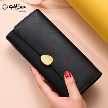 Goldlion women's wallet 2025 latest genuine leather long card holder two-in-one high-end light luxury fashion simple black officially authorized authentic 190*90*35mm