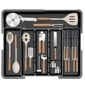 Four-sided telescopic kitchen drawer storage box, tableware, kitchen utensils, cutlery and forks compartmentalized storage box, multi-functional storage, black, four-sided telescopic, with knife holder