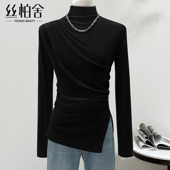 Sibaishe half turtleneck bottoming shirt for women 2025 autumn new slim fit pleated right shoulder slit top