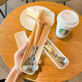 Ye yu cute ins cute bear spoon fork chopsticks three-piece set high-looking student children portable tableware set #ins coffee bear chopsticks single piece