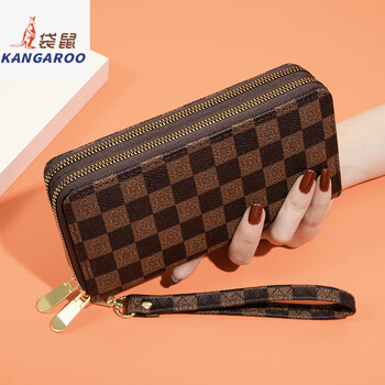 Kangaroo long wallet for women 2025 new style printed large capacity temperament double zipper clutch bag can hold mobile phone wallet dark brown color