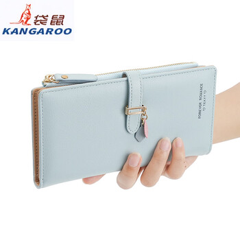 Kangaroo (kangaroo) women's wallet 2025 new long wallet simple buckle card holder multi-functional large capacity clutch bag coin purse blue
