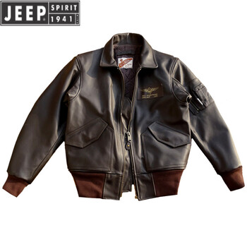 Jeep spirit american retro brown men's lapel short high-waist leather jacket genuine leather jacket first layer cowhide bomber jacket brown thin plaid cotton lining s european version within 130 pounds