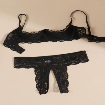 Victoria's style half-cup bra, feminine lace underwear set, quarter push-up sexy bra, small breasts are made larger, black-suit-open thong l