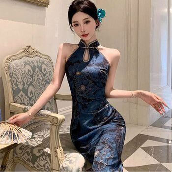 Feiyao cheongsam new chinese style national style satin print improved cheongsam sleeveless slim waist sexy dress long skirt dark blue m length 106cm, bust 84cm