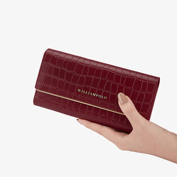Williampolo wallet women's long style light luxury new crocodile pattern handbag women's wallet genuine pickup bag wallet small wallet coin purse burgundy first layer cowhide
