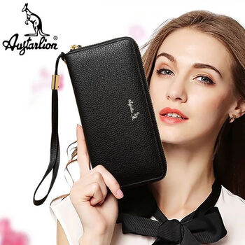 Augtarlion first layer cowhide women's wallet women's long zipper handbag women's genuine leather mobile phone bag wallet bag women's black goddess style