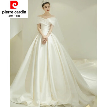 Pierre cardin satin wedding dress 2025 new temperament bride one-shoulder palace style french style simple fairy style main door veil ivory white (tie) m