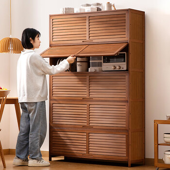 Trojan kitchen storage rack floor-standing multi-layer storage rack multi-function microwave dish cupboard home storage sideboard louver breathable flip door brown-six layers 80 long