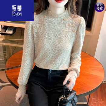 Romon 25 new autumn lace shirt women's velvet bottoming shirt women's half turtleneck shirt western fashion internet celebrity top trendy high-end brand khaki thin/style xl 115-125 pounds