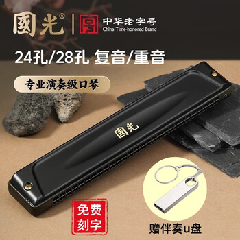 Guoguang imported gong high-port harmonica 24-hole polyphonic adult professional performance-grade harmonica for men and women beginner musical instrument gift 24-hole polyphonic c key performance grade + accompaniment usb disk