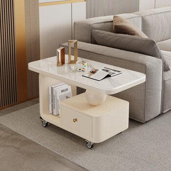 Famous light luxury small apartment simple household trolley slate coffee table high-end modern living room movable coffee table with wheels rice white frame + fish belly white slate with wheels 80*45*42