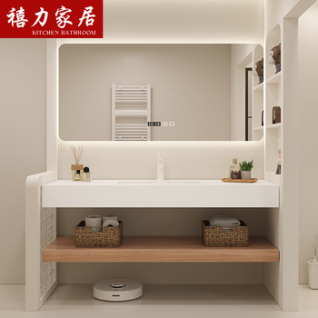 Xili double-layer slate bathroom cabinet integrated basin combination seamless ceramic basin hotel washroom washbasin customization pure white slate seamless basin + wooden board + smart square mirror + hardware 80 cm (free installation)