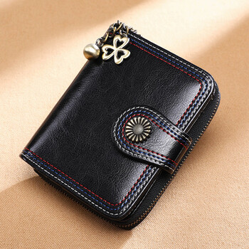 Viney wallet women's 2025 new genuine leather short folding zipper wallet multi-card slot coin purse wallet card bag black