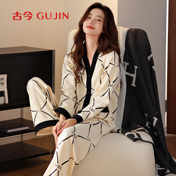 Gujin (gujin) pure cotton 100% cotton long-sleeved pajamas for women spring and autumn new home wear pajamas large size can be worn outside senior suit l