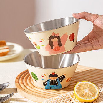 Modern housewife family of three 304 stainless steel children's bowl personal tableware anti-fall baby food supplement rice bowl family 5.5-inch rice bowl - boy's type a