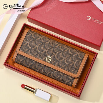 Goldlion wallet women's long clutch 2025 new versatile women's multifunctional retro coin purse birthday gift yellow brown