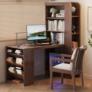 Pengneng solid wood corner desk bookshelf integrated with bookcase combination retractable corner office computer desk student study desk black walnut color # desk imported rubber wood no veneer (100-115)*60*75 total height 157cm