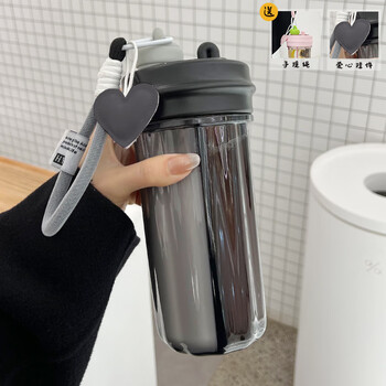 Kezhitu water cup women's new 2025 high-looking double drinking cup children's special summer two-layer double mouth straw kettle black + hand rope + love pendant 850ml