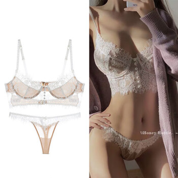 Victoria palace sexy underwear ultra-thin eyelashes lace beautiful back underwear suspenders cotton flaps large breasts show small large size bra set white s