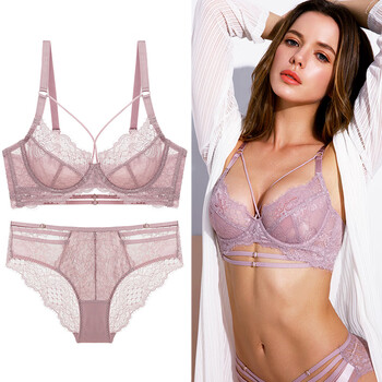Victoria palace sexy underwear ultra-thin transparent half cup lace underwear big breast revealing small anti-sagging push-up bra set lotus root 80b/36 with l size underwear