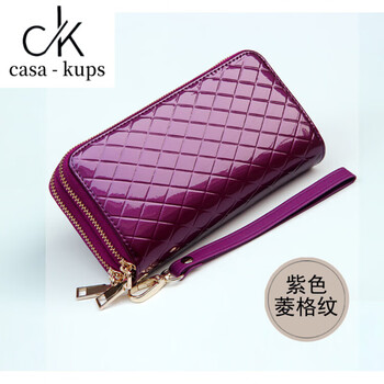 Casa-kups double zipper hand wallet women's long large capacity multifunctional wallet cowhide mobile phone bag new fashion purple rhombus bright leather double pull long