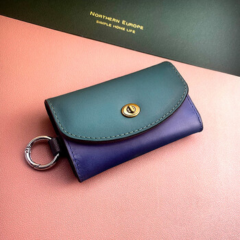 Official store 2021 camellia new women's european and american multifunctional genuine leather key bag cowhide car keychain (green and blue contrast color) genuine leather