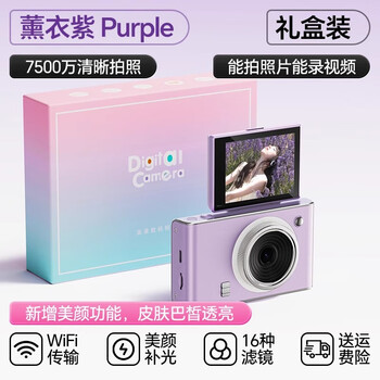 Tioyinz high-definition ccd camera, specially designed for student party travel and photography, portable small entry-level digital camera for girls to take selfies, violet clear version 75 million + flip screen selfie, package five (standard + 128g card)