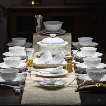 Fuyu jingdezhen high-end tableware, high-end, light luxury, new new chinese-style tableware, chinese-style dishware set for home use, new tianqing tableware set, 28 pieces